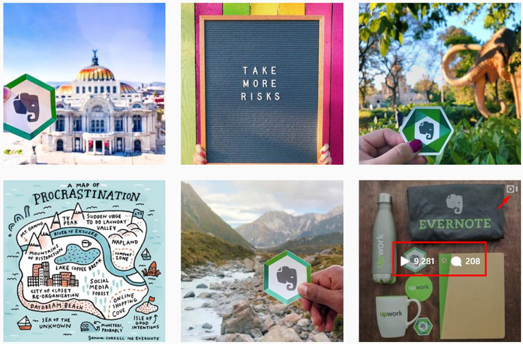 Evernote is an app for business professionals that like to get organized. If we check their Instagram account we see a lot of travel-themed image posts but if we check the engagement we notice something interesting.