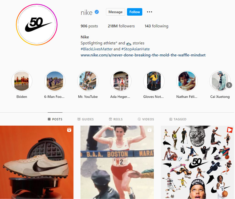 For example, let’s say that you’re a small business selling handcrafted sneakers and you’re looking to get more followers on Instagram. Now check out Nike’s IG profile.