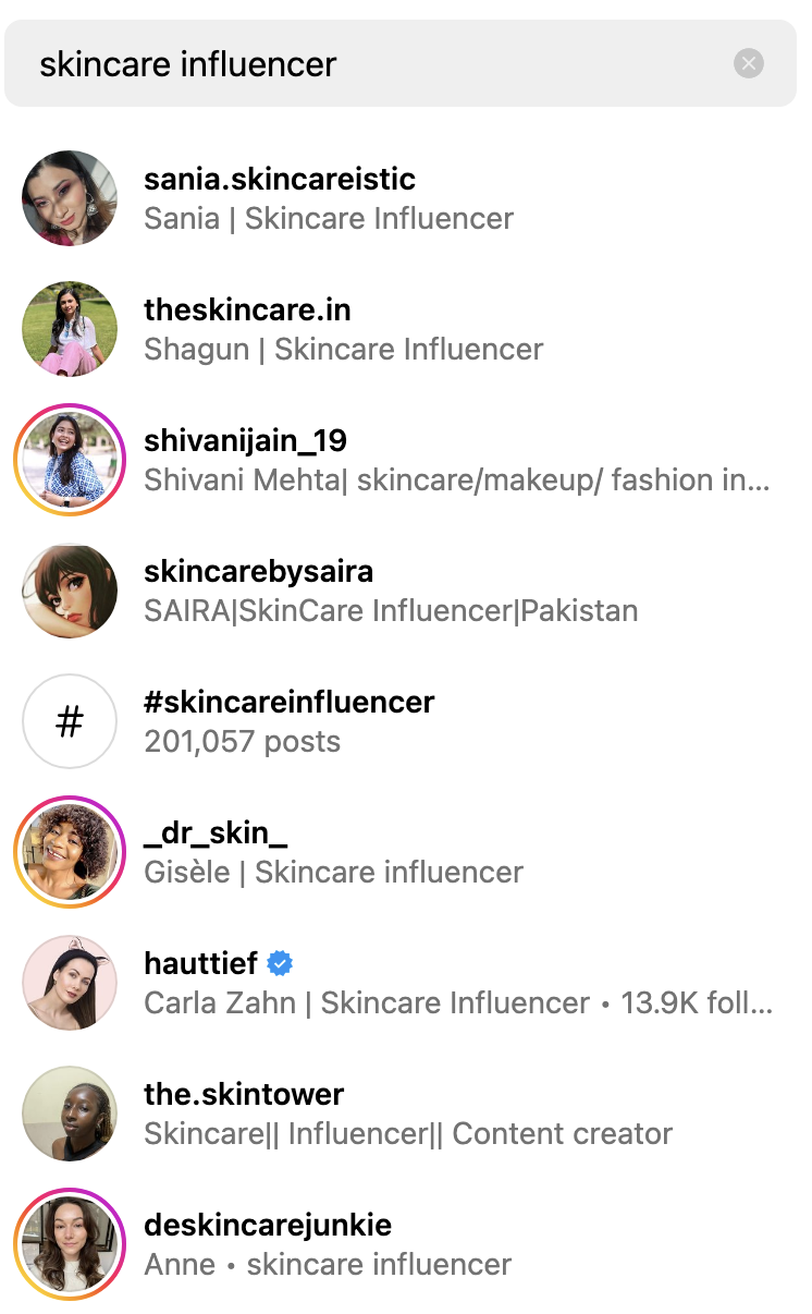 Searching influencers on Instagram