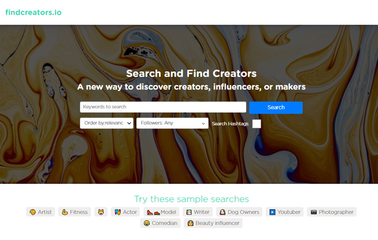 Findcreators.io – one of few free influencer discovery tools out there, and the only one that allows you to do keyword-based targeting.