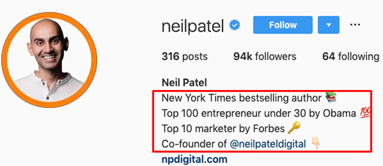 Using Neil Patel's Instagram bio as an example. 