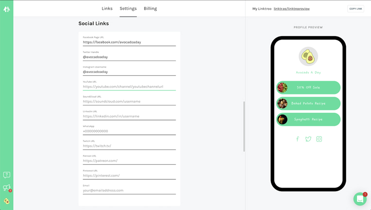 Screenshot of how the user @avocadotoday is creating his link-in-bio page with the tool named Linktree.