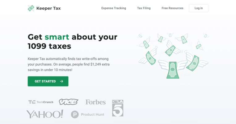 The homepage of KeeperTax, a tool that helps content creators discover their tax write-offs.