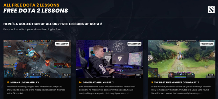 Screenshot of multiple Dota 2 Lessons for gamers presented on the creator tool, GamerzClass.