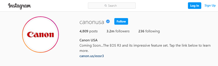 Instagram profile of Canon, a well-known photography equipment brand.