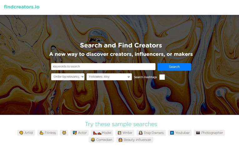 Findcreators.io is an influencer and creator discovery tool that can be used to find Instagram influencers based on keywords and the number of followers.