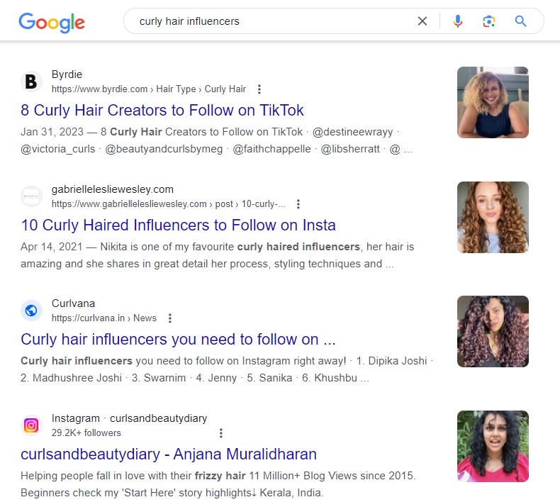 Search influencers through articles on Google